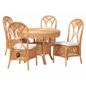 bali & pari Tony 5-Piece Natural Rattan Dining Set with Round Scalloped Edge Table and 4 Chairs, Handwoven Wicker Dining Furniture with Cushioned Seats, Boho Coastal Kitchen or Dining Room Set